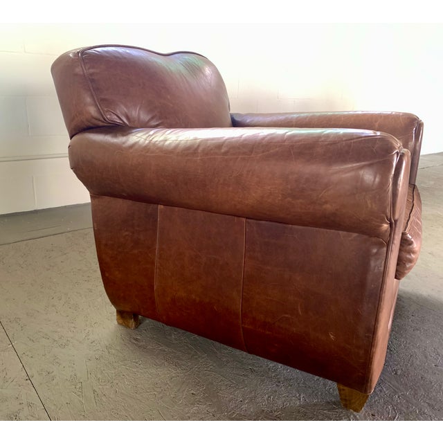 Pair of Leather Club Chairs, French Art Deco-Style, Classic Distressed Brown Leather, "Mustache" Back For Sale - Image 9 of 13