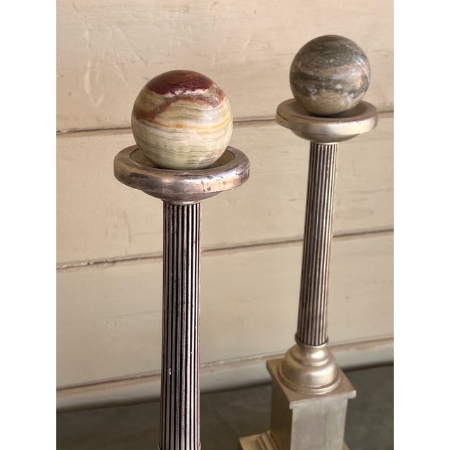 Grand Tour Neoclassical Carved Water Giltwood Columns With Marble Spheres - A Pair For Sale - Image 4 of 9