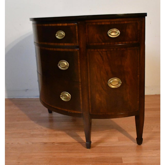 1920s Antique English Regency Flame Mahogany Banded Satinwood Half-Moon Demi-Lune For Sale - Image 15 of 16