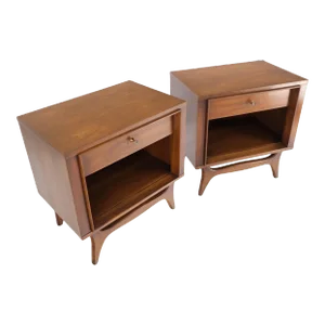 Pair Walnut One Drawer Mid-Century Modern End Tables Night Stands