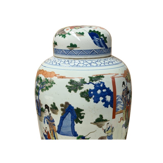 Oriental Color Family Gathering Graphic White Base Porcelain Jar For Sale - Image 15 of 18
