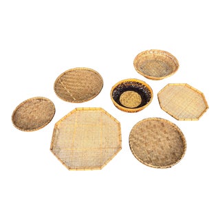 Boho Chic Woven Natural Wicker Rattan Winnowing Wall Baskets - Set of 7 For Sale