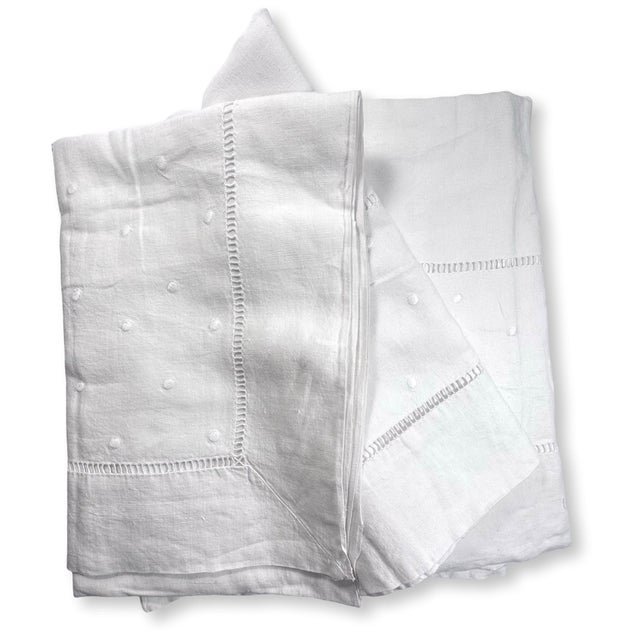 Antique French Trousseau Linen Sheet Embroidered Dots Ladder Work White Linen Bed Sheet Circa 1920 the Paris Apartment For Sale - Image 10 of 11