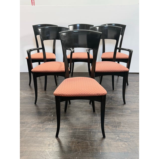 Design Plus Gallery presents a Set of Six Vintage Black Lacquer Dining Chairs by Antonio Siabau for Siabau Furniture. This...