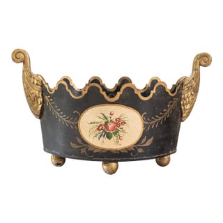 Antique Neoclassical French Tole Black and Gilt Cache Pot Jardiniere For Sale