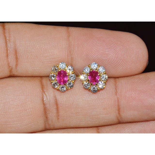 Red Gia Natural 2.12cts vs F Diamond Madagascar Ruby 18k Gold Cluster Halo Earrings, A Pair For Sale - Image 8 of 13
