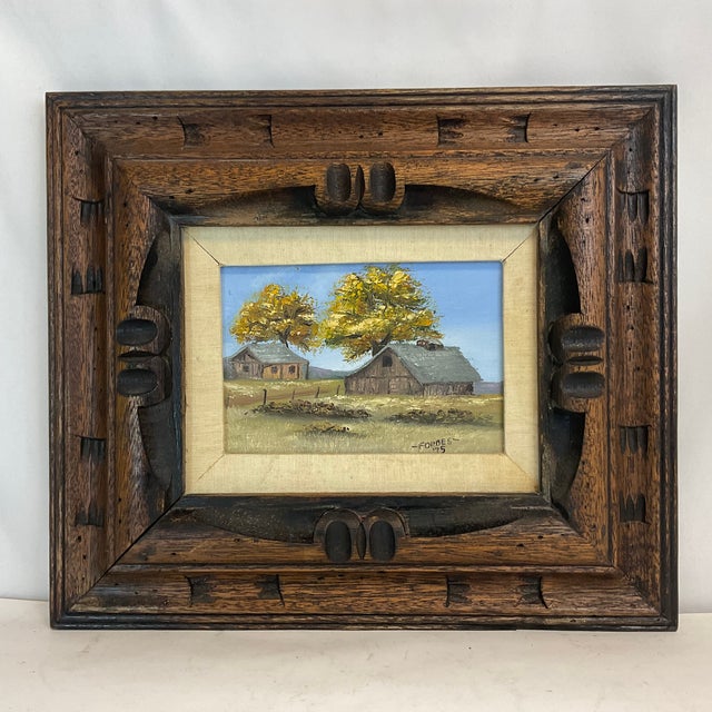 Wood 1975 Vintage Farmhouse Barn Landscape Impressionist Original Oil Painting, Artist Signed, Framed For Sale - Image 7 of 9