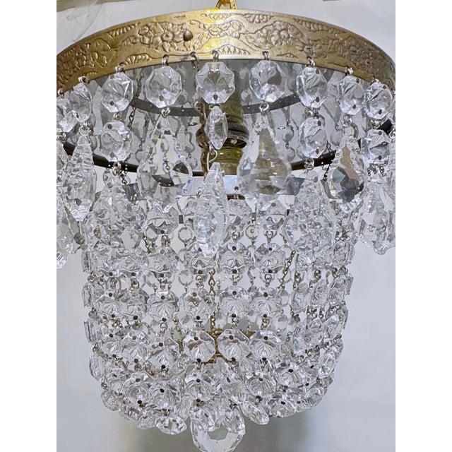 Hollywood Regency Vintage Hollywood Regency Brass Tiered Crystal Basket Chandelier For Sale - Image 3 of 11