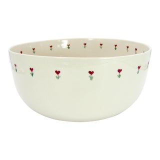 12" American Stoneware Hand Painted Red Heart Flower Great Bowl For Sale