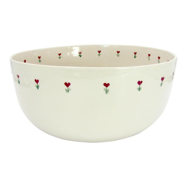 12" American Stoneware Hand Painted Red Heart Flower Great Bowl For Sale