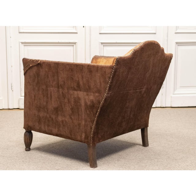 French Sheep Leather and Velvet Lounge Chair in the style of Louis Chambry, 1920s For Sale - Image 9 of 12