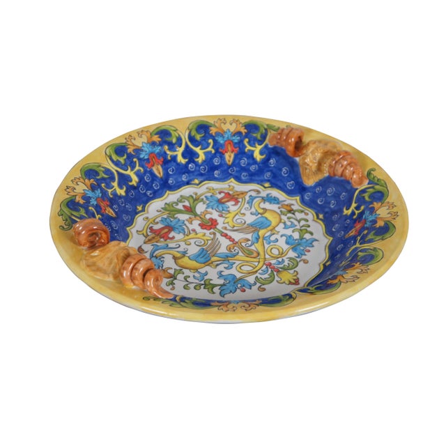 Italian Large Italian Gatoukhova Deruta Style Phoenix Lion Head Centerpiece Bowl For Sale - Image 3 of 10