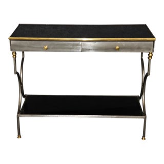 John Vesey Attributed Steel & Brass Two Teir Console W/ Black Glass For Sale