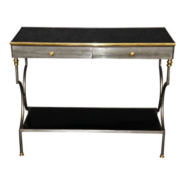 John Vesey Attributed Steel & Brass Two Teir Console W/ Black Glass For Sale
