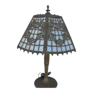 1920s Paneled Slag Glass Filegree Table Lamp