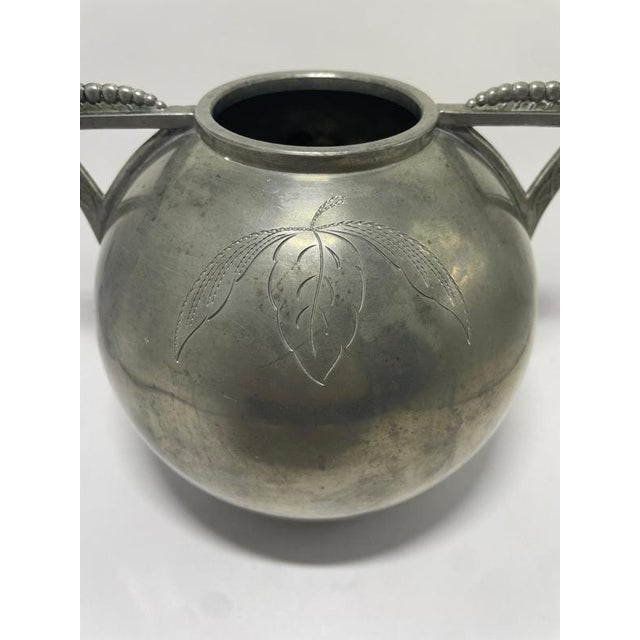 Swedish Pewter Vase with Leaf Motif and Triangular Handles from L&L, 1935 For Sale - Image 4 of 7