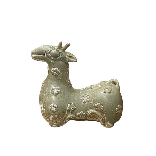 Vintage Celadon Floral Pattern Ceramic Ancient Chinese Style Art Figure For Sale - Image 4 of 7