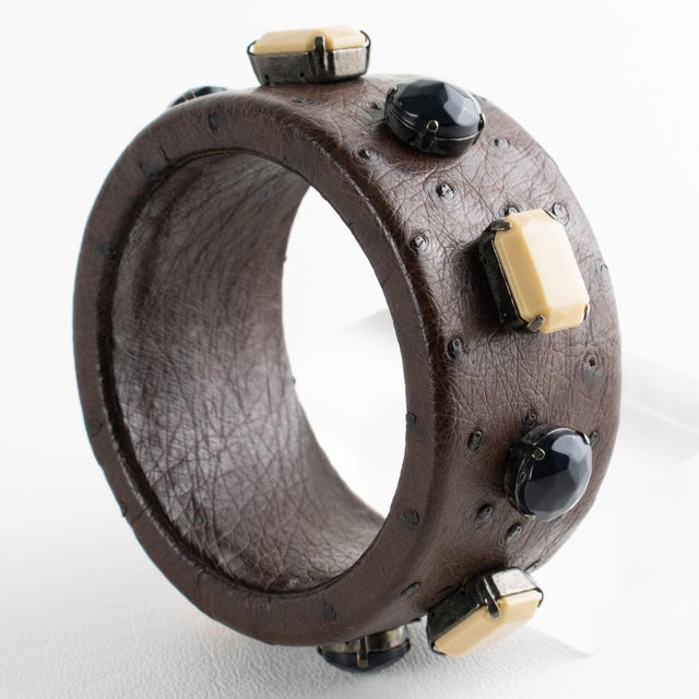 Brown Prada Cocoa Brown Ostrich Leather Jeweled Bangle Bracelet For Sale - Image 8 of 8