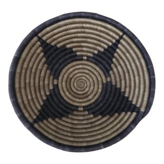 African Hand-Made Round Basket, 11 In. Diameter, Natural and Black For Sale