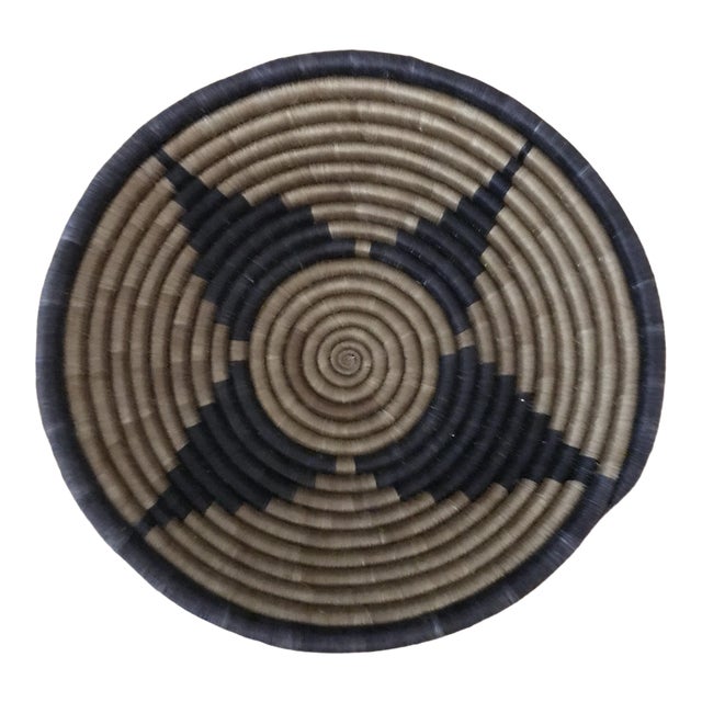 African Hand-Made Round Basket, 11 In. Diameter, Natural and Black For Sale
