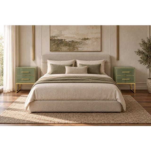 Wood Sage Green Murano Glass Nightstands with Brass Frames from Justfurnituress SRL, Set of 2 For Sale - Image 7 of 8