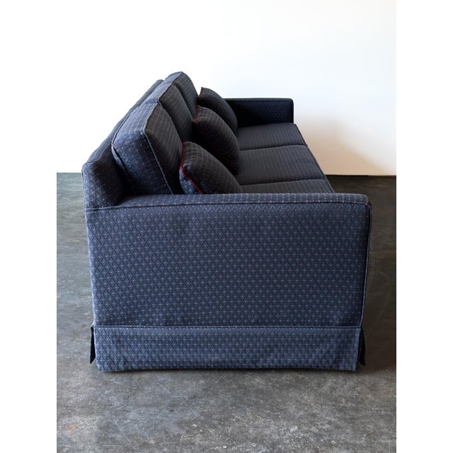 1960s Vintage Mid-Century Navy Jacquard Skirted Tuxedo Sofa For Sale - Image 16 of 18