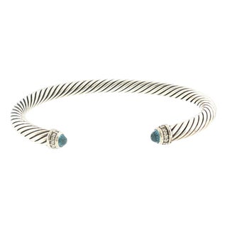 Modern Yurman Sterling Silver, Blue Topaz and Diamond Classic Cable Bracelet For Sale