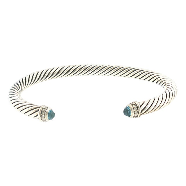 Modern Yurman Sterling Silver, Blue Topaz and Diamond Classic Cable Bracelet For Sale