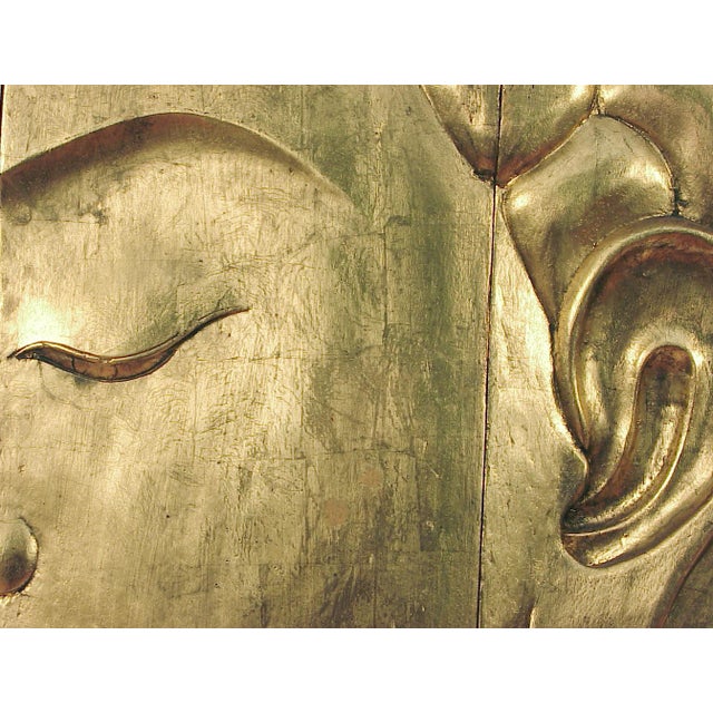 Three-Panel, Large (3 by 3.5 Feet) and Impressive Buddha Head Panel, Gold Finish For Sale - Image 4 of 7