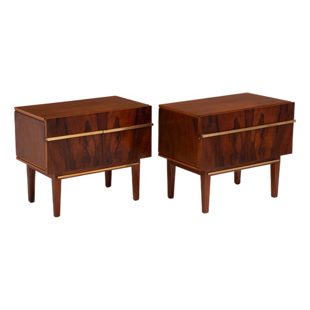 103 Swedish Rosewood Brass Nightstands After William Hinn Mid Century - A Pair For Sale