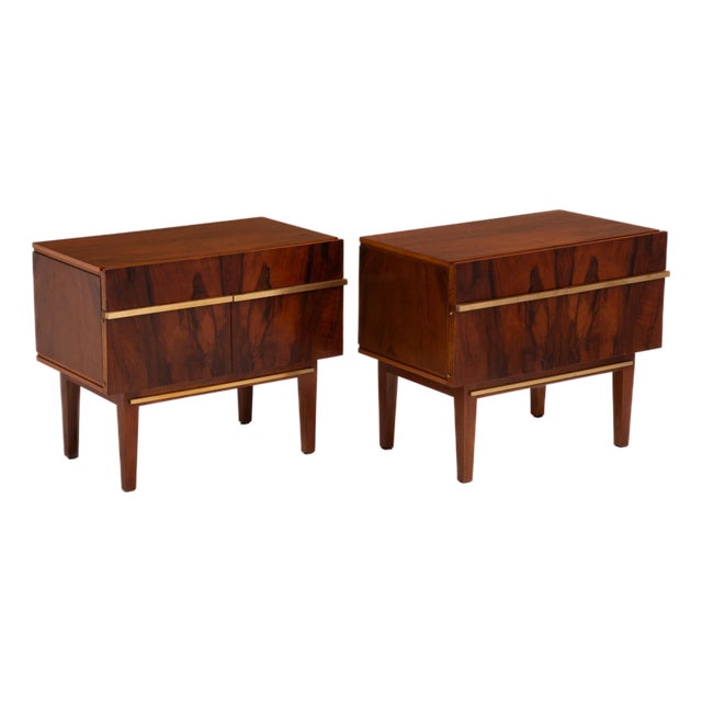 Swedish Rosewood Brass Nightstands After William Hinn Mid Century - A Pair For Sale