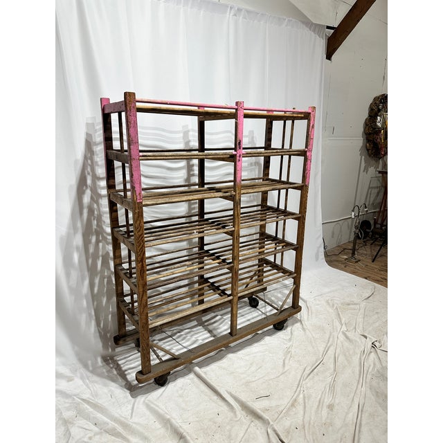 Mid 19th Century Antique Rustic Wooden Baking Rack on Casters For Sale - Image 5 of 8