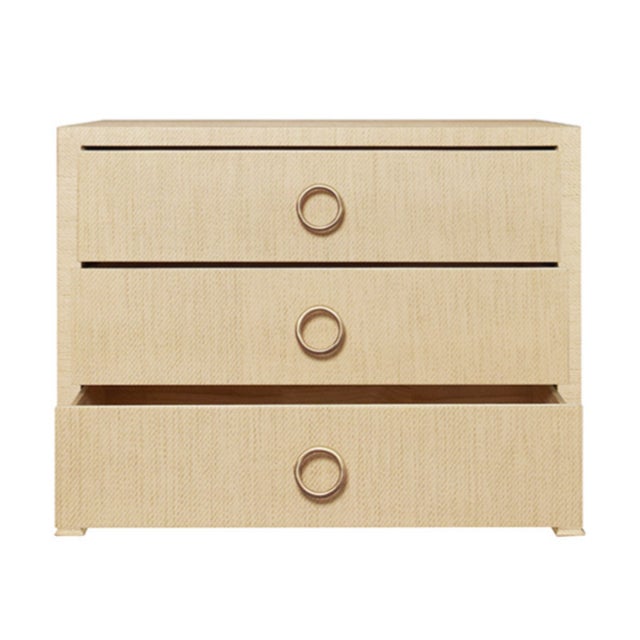 Worlds Away Matthew Izzo Home Getty Natural Grass Cloth Three Drawer Chest With Antique Brass Circle Drawer Pulls For Sale - Image 4 of 7