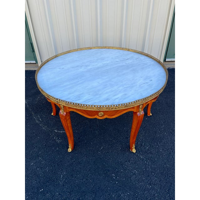 Banded Mahogany Marble Top Coffee Table With Brass Gallery- Spain, Mid 1900s For Sale - Image 9 of 12