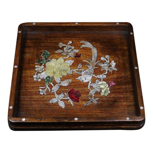 Square Wooden Tray With Mother-of-Pearl Bird and Rose Inlay For Sale