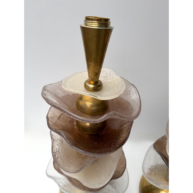 Mid-Century Modern Contemporary Pair of Brass and Murano Glass Flower Lamps, Italy For Sale - Image 3 of 16