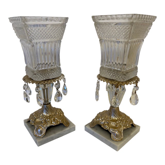 Vintage Cut Crystal Vase Hollywood Regency Candle Holders - A Pair For Sale