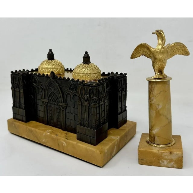 Stunning and Rare Example of a French Patinated Bronze Architectural Style Grand Tour Regency Period Double Inkstand of...