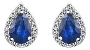 Pear Cut Blue Sapphire Halo Diamond Stud Earrings in 14k Gold- 2 Pieces