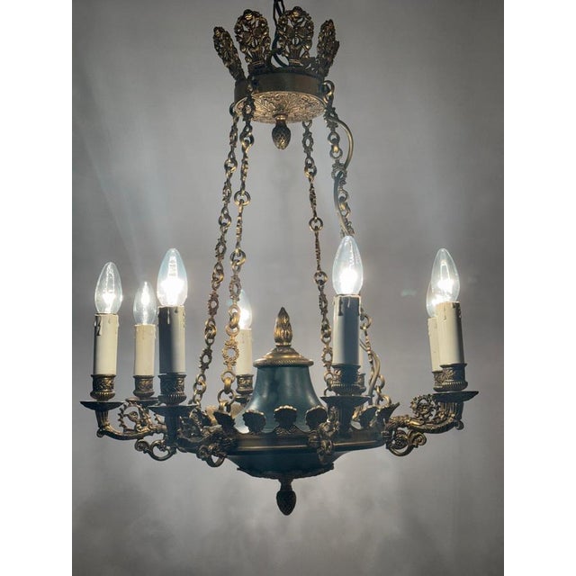 Royal French Empire Gilt Bronze and Forest Green 8-Armed Chandelier, 1950s For Sale - Image 4 of 18
