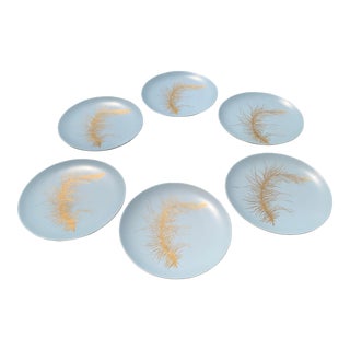 Mid 20th Century Porcelain Feather Seaweed Design Dinner Plates- Set of 6 For Sale