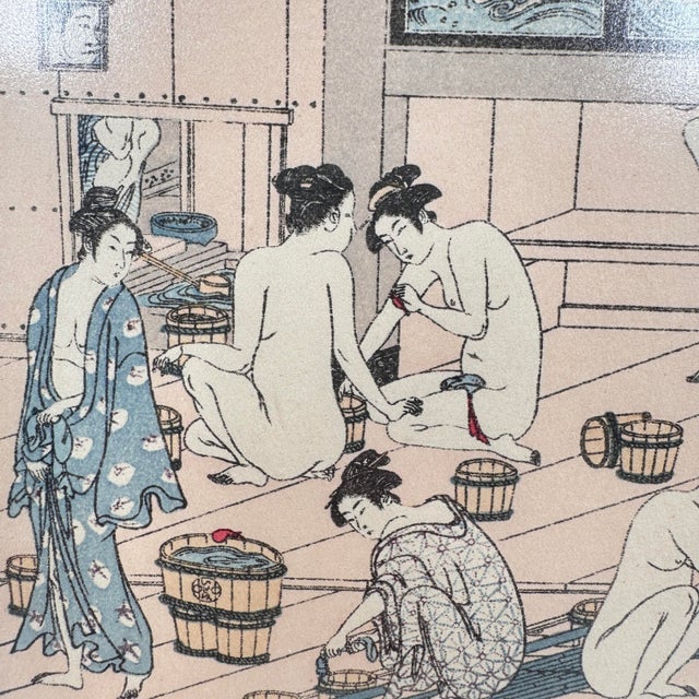 Vintage Japanese woodblock print after Torii Kiyonaga, depicting his well-known Interior of a Bathhouse composition,...