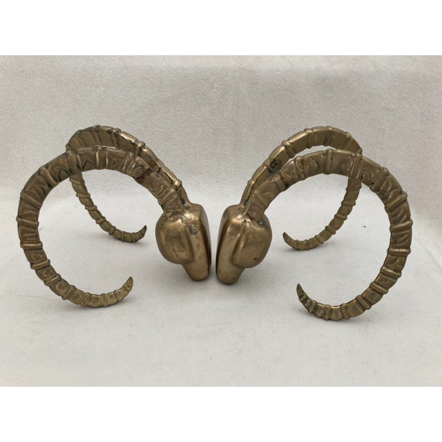 Hollywood Regency Vintage 1980s Dolbi Cashier Solid Brass Ram Head Bookend Set African Ibex Antelope - a Pair For Sale - Image 3 of 6