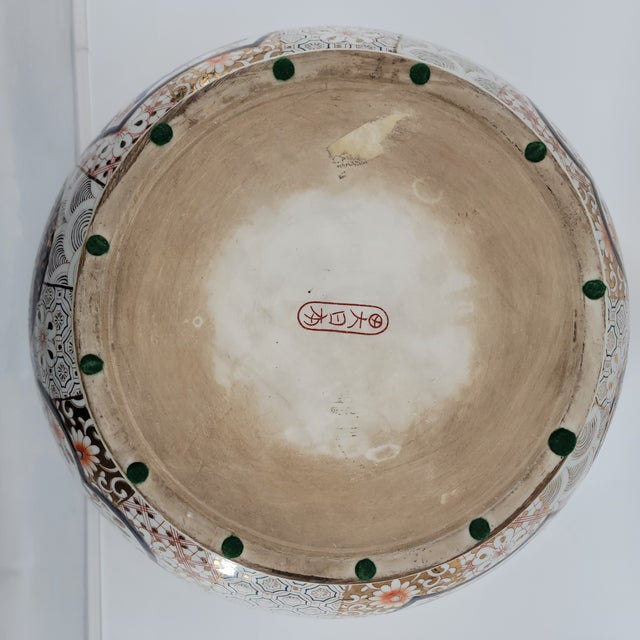 Wood Rare Antique Japanese Imari Porcelain Bowl Meiji Period 1868-1912 Scalloped Edge With Carved Rosewood Stand - Hand Painted Gold Gilt For Sale - Image 7 of 18