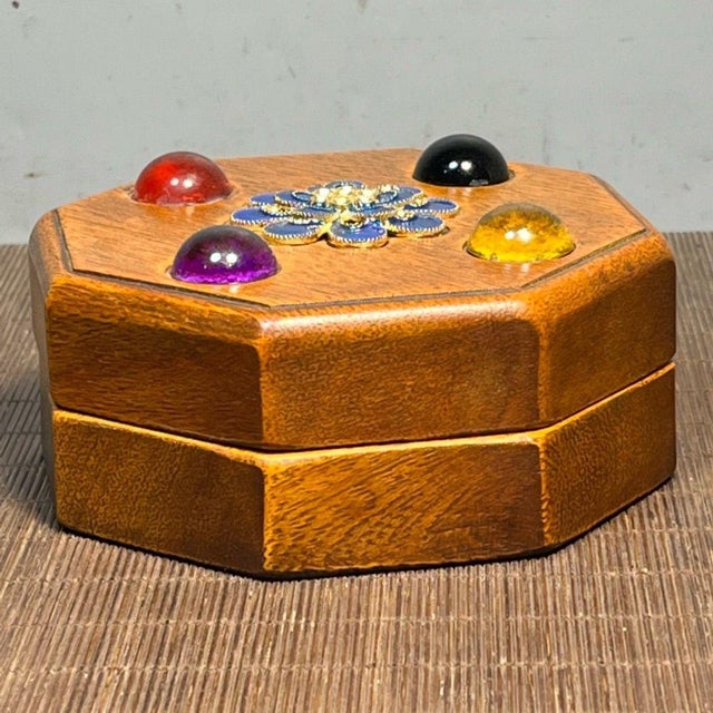 Traditional Vintage Rosewood Octagonal Box With Cloisonné Flower & Gemstone Inlay For Sale - Image 3 of 8