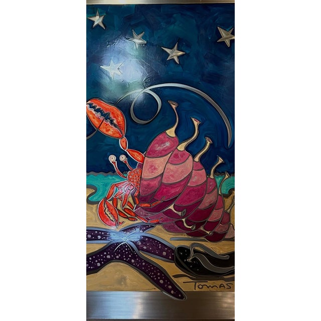 2000 - 2009 “Original Signed Tomas Panzarino Coastal Mixed Media Crab and Starfish Painting “ For Sale - Image 5 of 6
