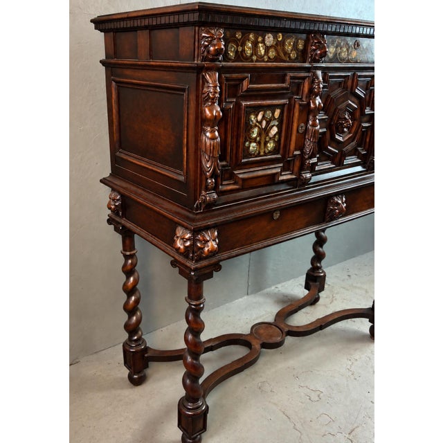 19th-C. English Carved Walnut & Mother-of-Pearl Barley Twist Cabinet on Stand For Sale - Image 4 of 7