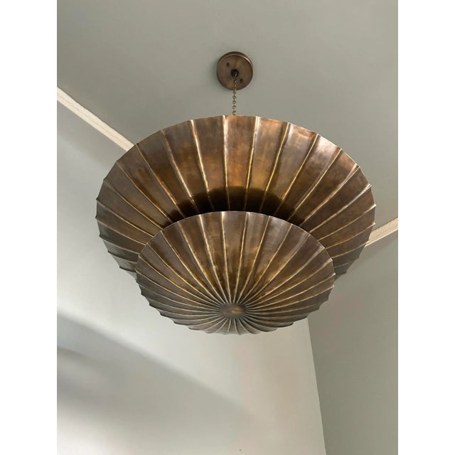Mid-Century Modern Vintage Brass Shell Pendant Chandelier – Two-Tier Mid-Century Modern Ceiling Light Fixture For Sale - Image 3 of 7