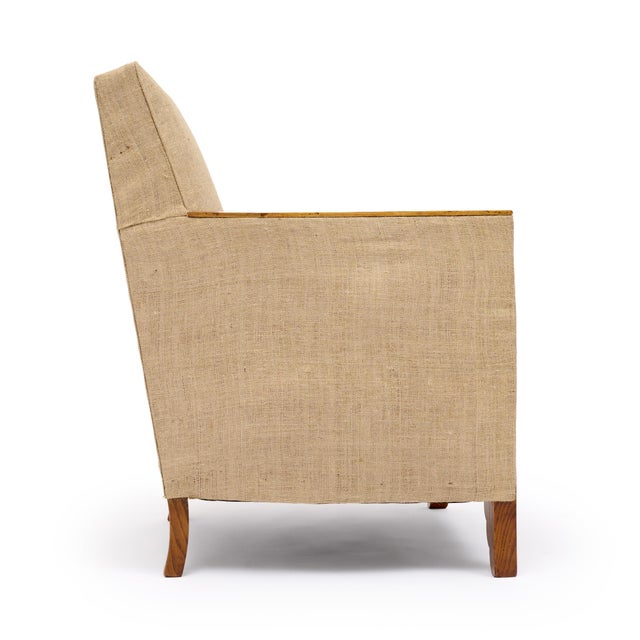 Wood French, Art Deco Period Burled Ash Bergères, Burlap Upholstery For Sale - Image 7 of 9