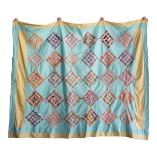 1950s Quilt Top in Aqua and Yellow in an Intricate Pattern For Sale